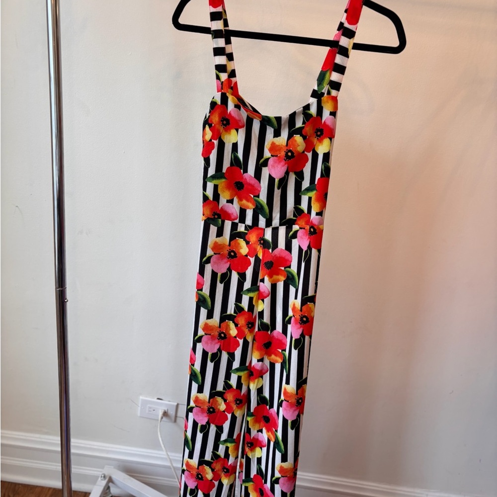 Striped Black & White Floral Romper - Picture 2 of 6